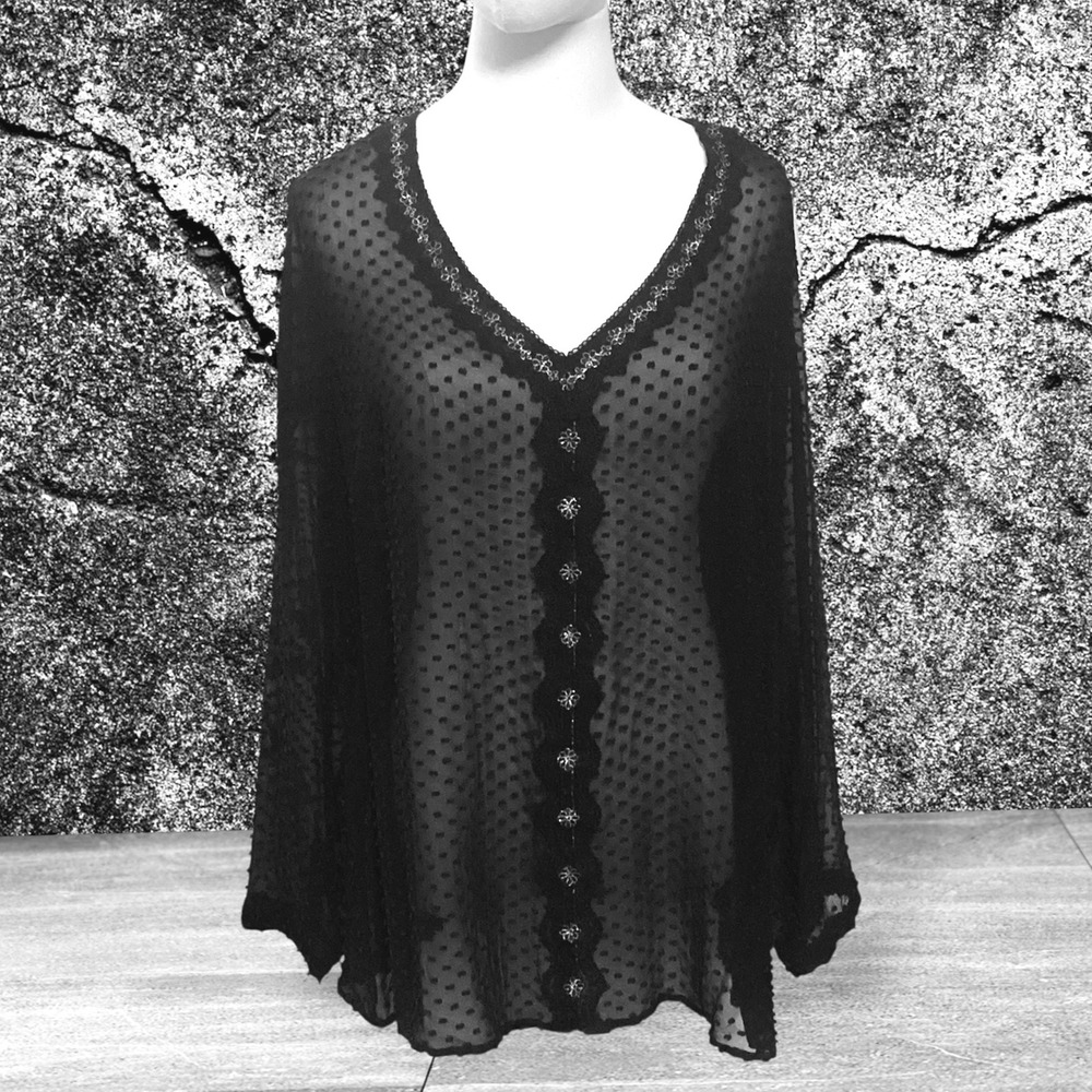 Beyond Vintage Women's Black Sheer Clip Dot Embroidered V-Neck Blouse Top XL